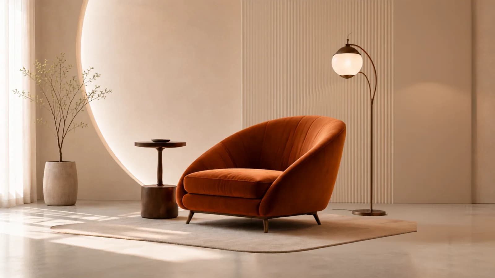 Warm armchair with a floor lamp in a styled living room